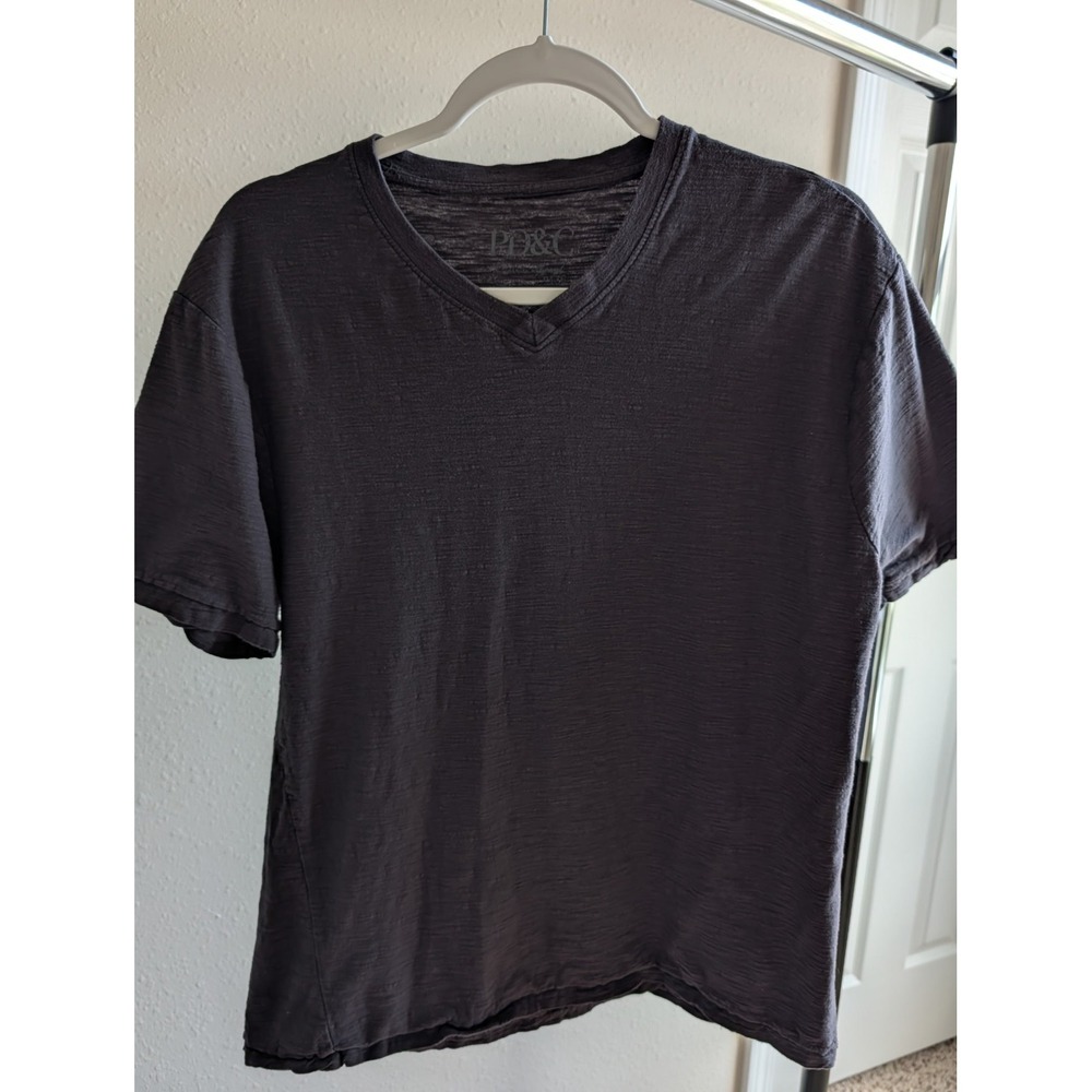 PD&C Mens V-Neck T-Shirt Charcoal Gray Slub Knit Cotton Short Sleeve Medium